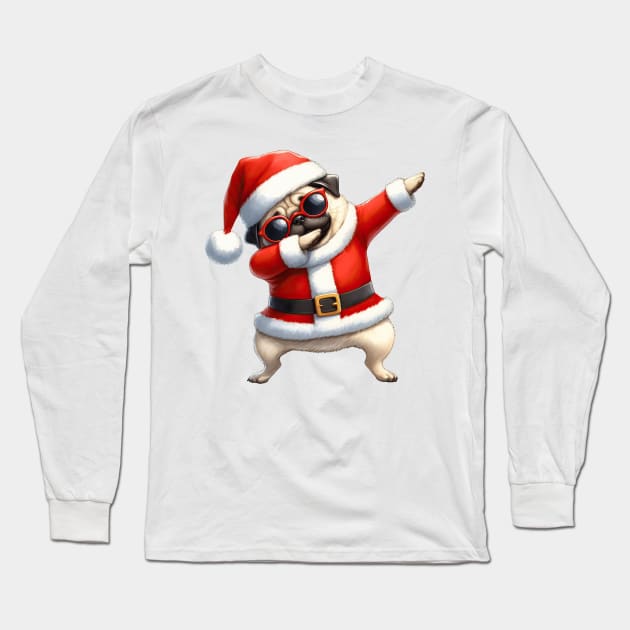 Christmas Pug Dog Dabbing Dance Long Sleeve T-Shirt by Chromatic Fusion Studio